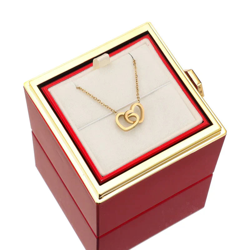 Colar DuoHeart com Rosa Eterna – Presente Romântico com Caixa Rotativa Luxo