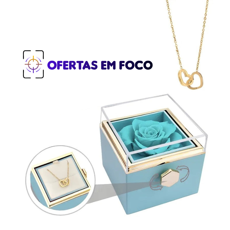 Colar DuoHeart com Rosa Eterna – Presente Romântico com Caixa Rotativa Luxo