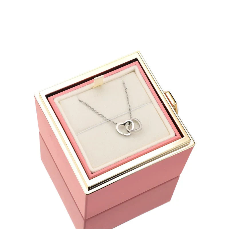 Colar DuoHeart com Rosa Eterna – Presente Romântico com Caixa Rotativa Luxo