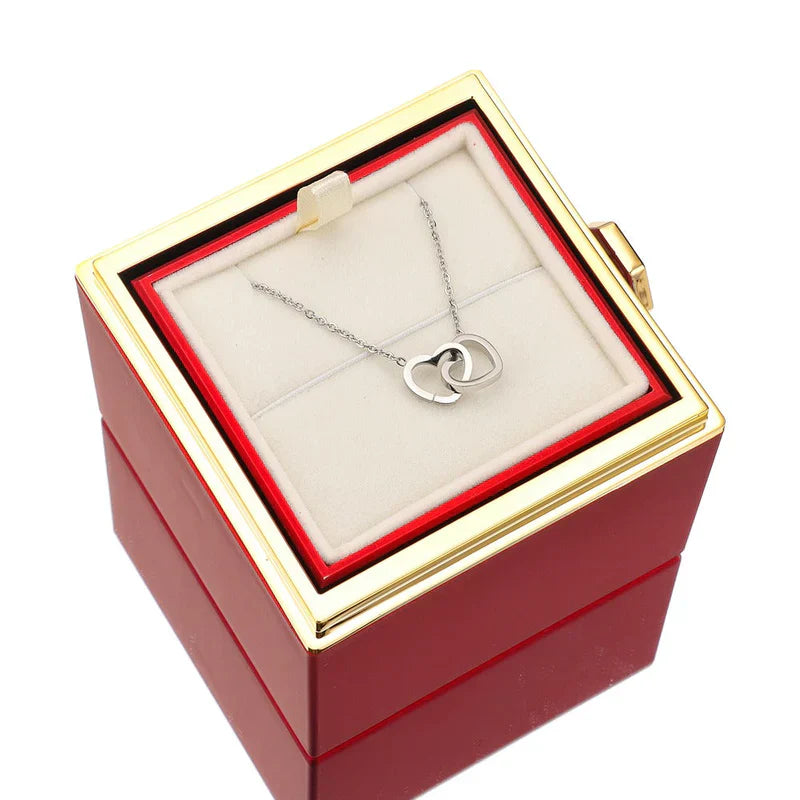Colar DuoHeart com Rosa Eterna – Presente Romântico com Caixa Rotativa Luxo