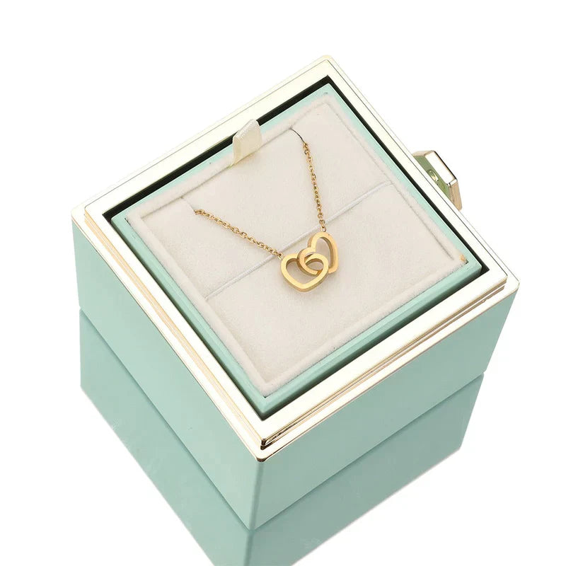 Colar DuoHeart com Rosa Eterna – Presente Romântico com Caixa Rotativa Luxo