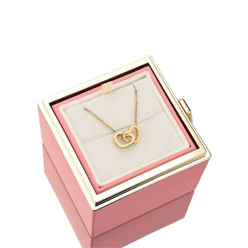 Colar DuoHeart com Rosa Eterna – Presente Romântico com Caixa Rotativa Luxo